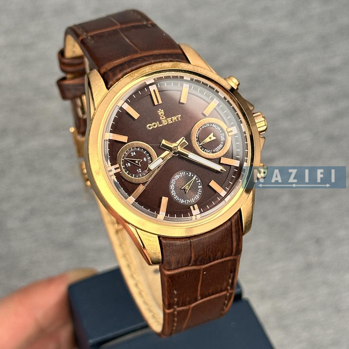 خرید قسطی| ساعت زنانه کلبرت بند چرم 3 موتوره فول تایم اورجینال10166L