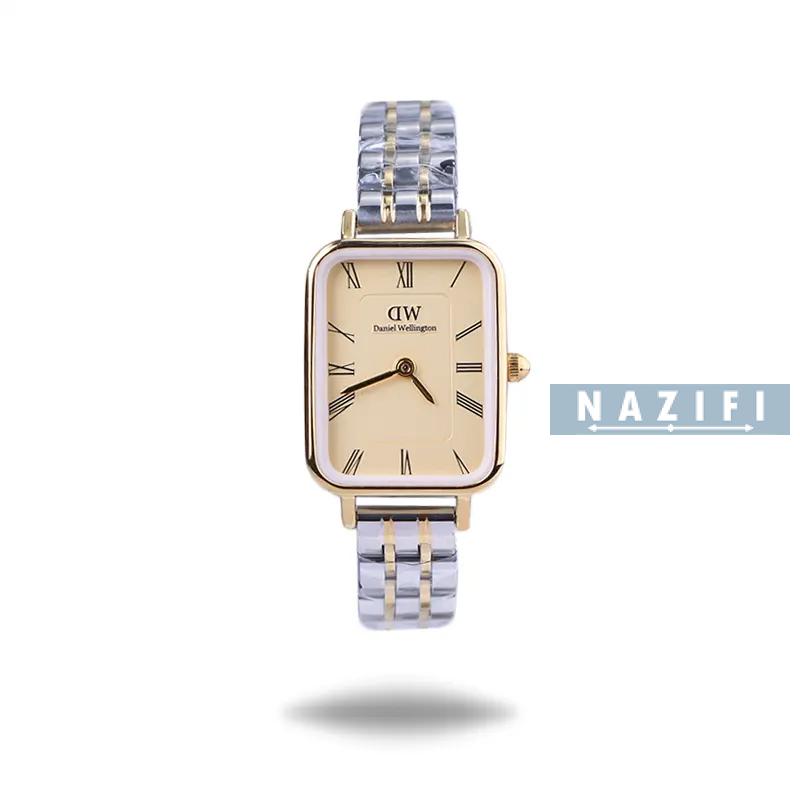 خرید قسطی | ساعت زنانه صفحه مستطیل دنیل ویلینگتون نقره ای طلایی شامپاینی  K26MR001/17