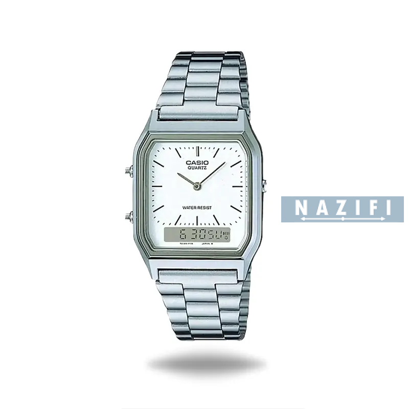 خرید قسطی|ساعت کاسیو مردانه فلزی نقره ای دو زمانه AQ-230A-7DMQ