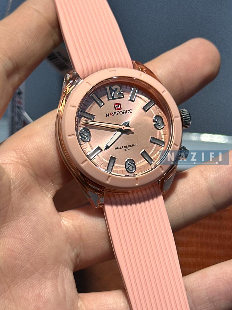 خرید قسطی| ساعت مچی دخترانه نیوی فورس بند رابر صورتی7103/4