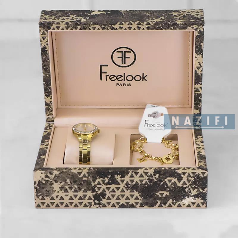 خرید قسطی | ست دستبند و ساعت زنانه فری لوک طلایی FL.10493/3