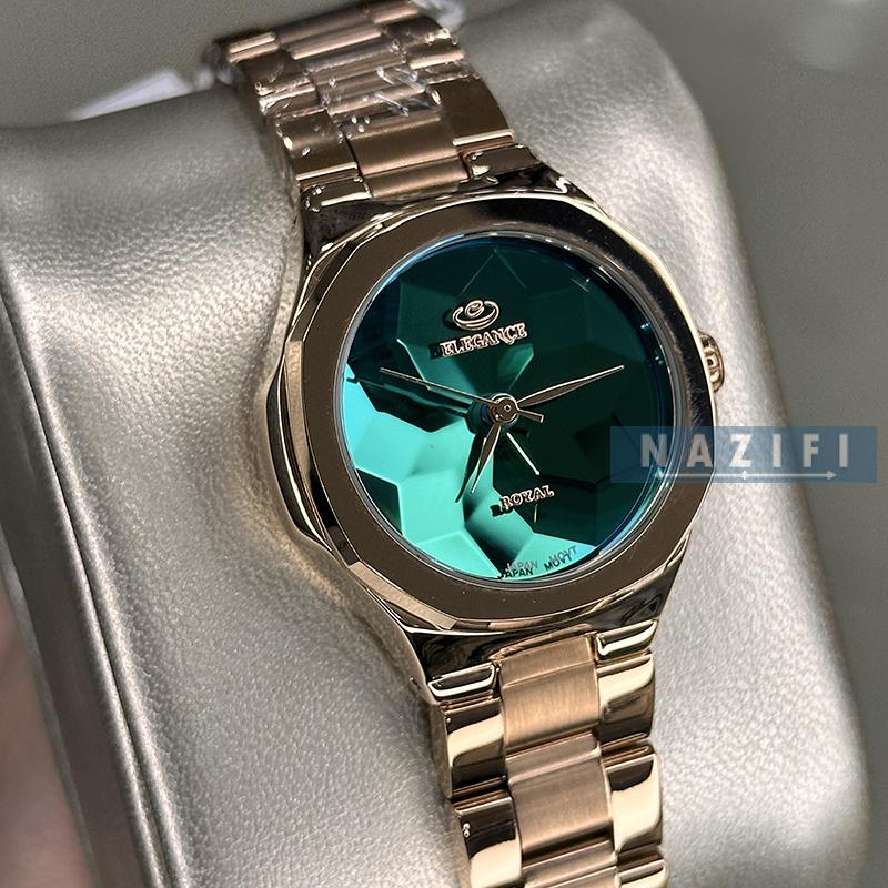 خرید قسطی | ساعت زنانه الگانس استیل رزگلد صفحه سبز ER 2211/2