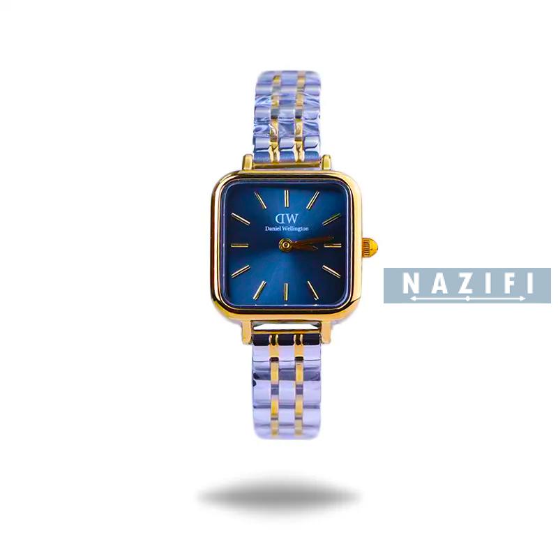 خرید قسطی | ساعت زنانه صفحه مربع دنیل ویلینگتون نقره ای طلایی سرمه ای K22HRE02/9