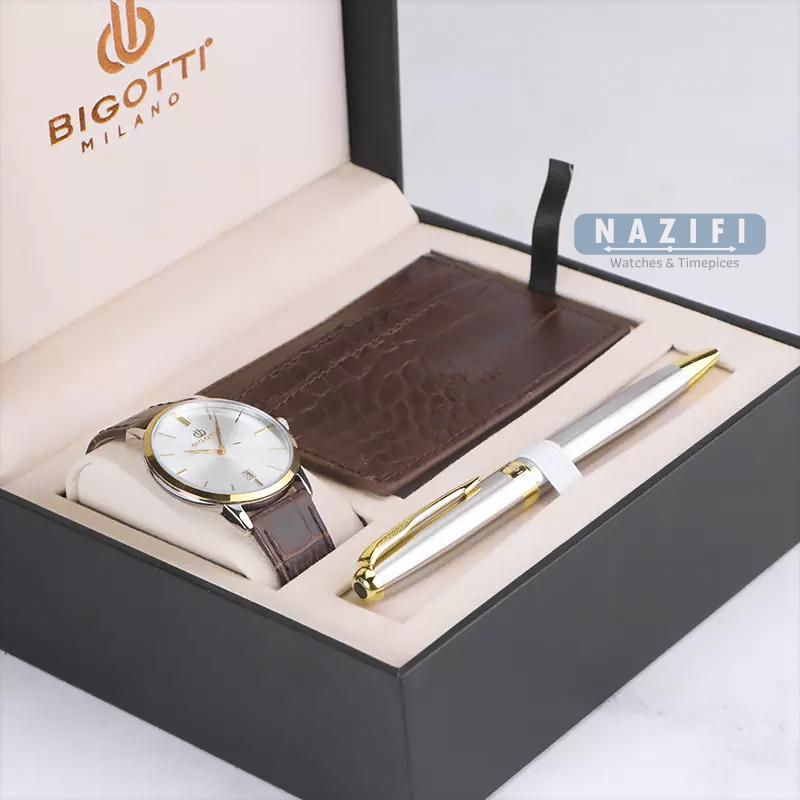 ساعت مچی مردانه بیگوتی کلاسیک بند  چرم قهوه ای قاب طلایی BG.1.10651/4
