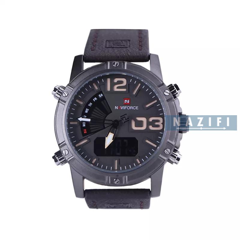 خرید قسطی|ساعت مچی نیوی فورس مردانه بند چرم قهوه ای دو زمانه 9095/5