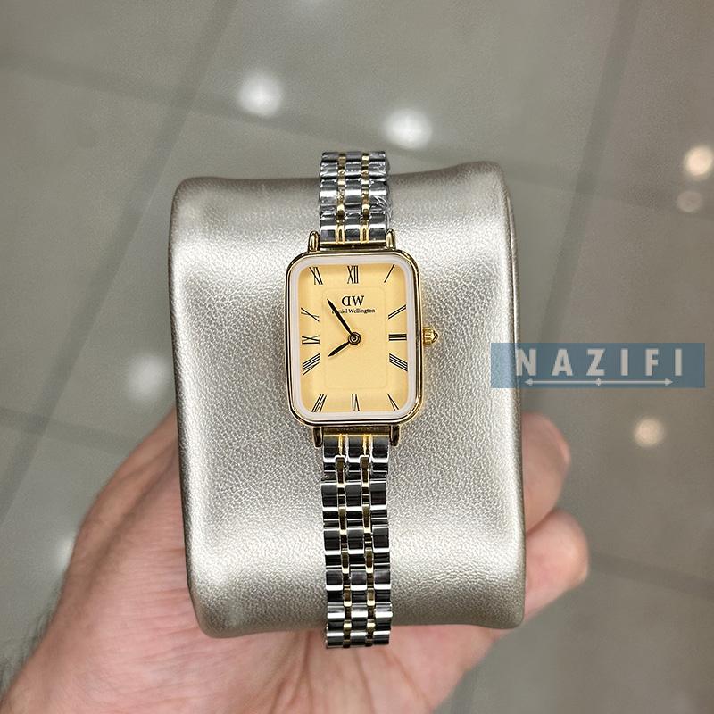 خرید قسطی | ساعت زنانه صفحه مستطیل دنیل ویلینگتون نقره ای طلایی شامپاینی  K26MR001/17