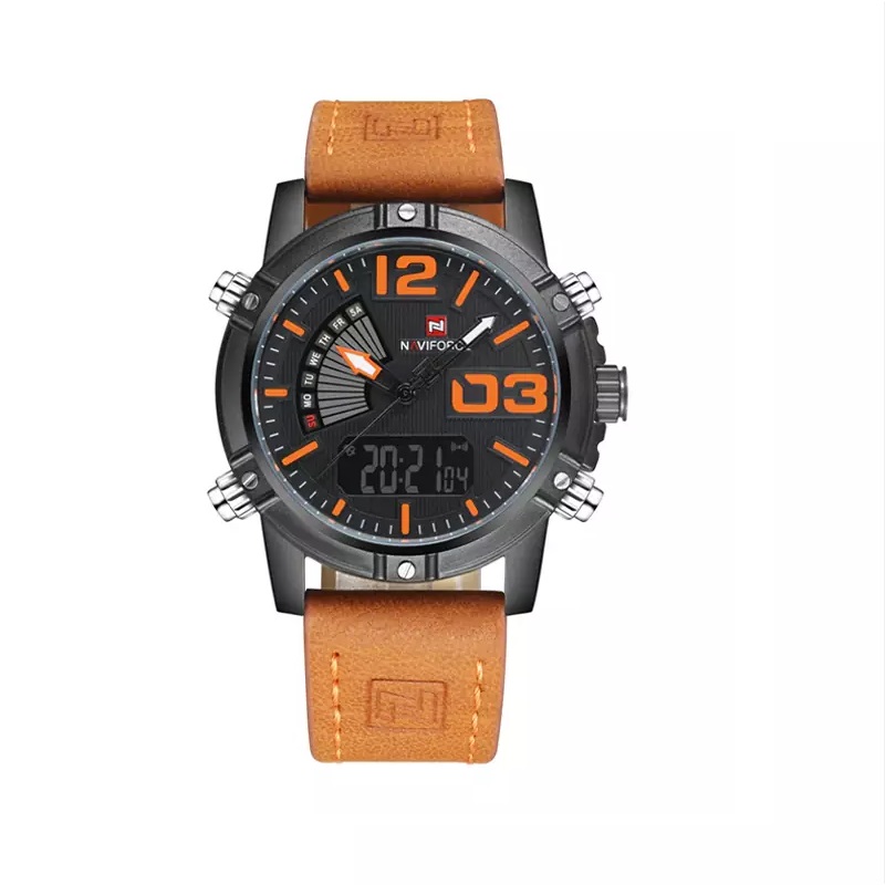 خرید قسطی| ساعت مچی نیوی فورس مردانه بند چرم عسلی دو زمانه 9095/4