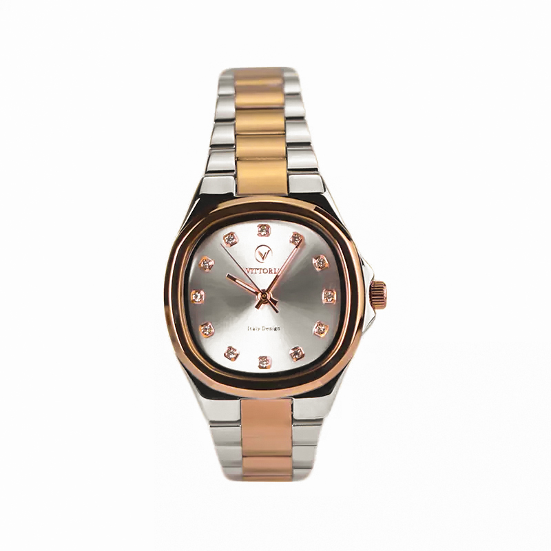 خرید قسطی | ساعت زنانه ویتوریا اورجینال نقره ای رزگلد قاب مربع VT 3412/5