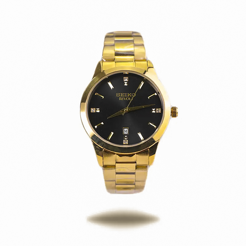 خرید قسطی| ساعت مچی مردانه سیکو  طلایی صفحه مشکی OS 9/9