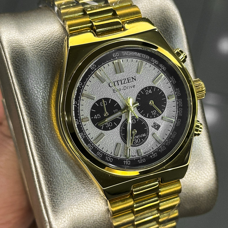 خرید قسطی | ساعت مچی مردانه سیتیزن طرح سه موتوره طلایی صفحه سفید G 981/5