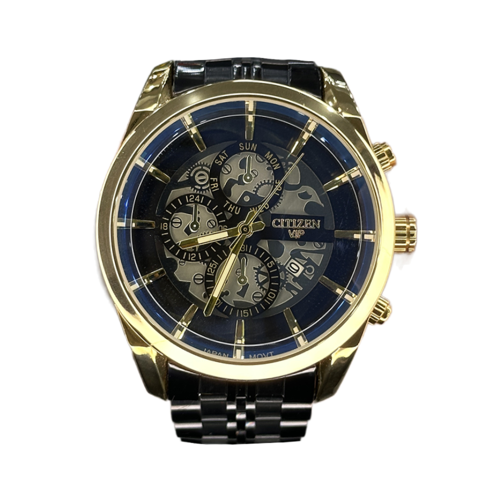 خرید قسطی | ساعت مچی مردانه سیتیزن طرح سه موتوره مشکی طلایی2363/12