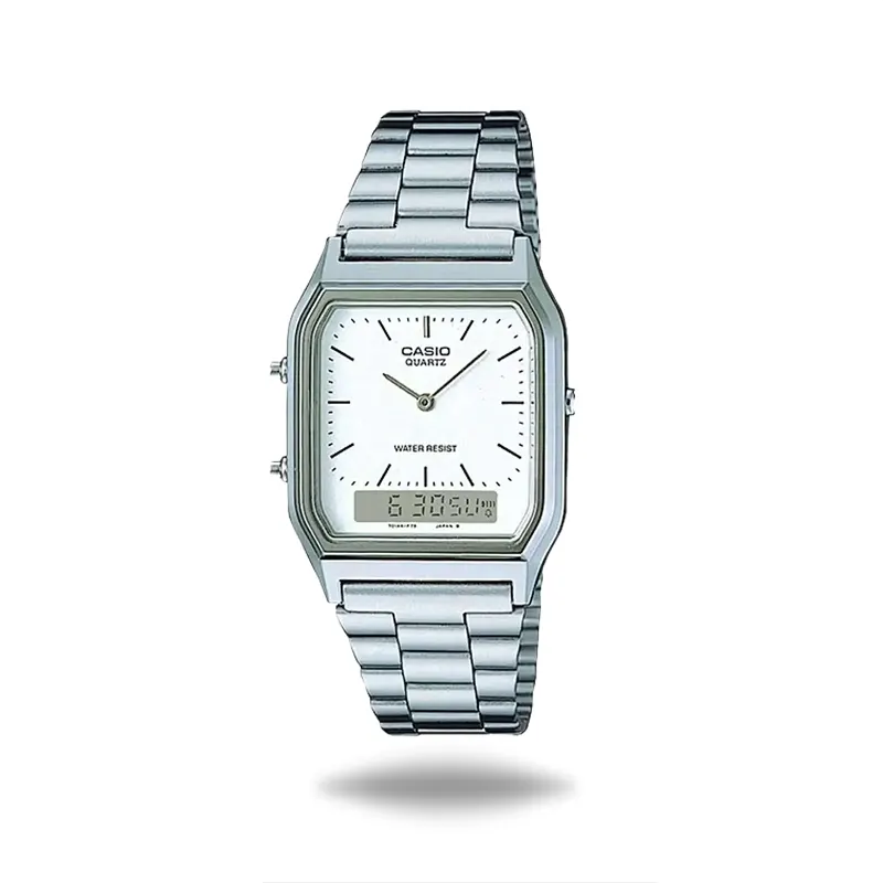خرید قسطی|ساعت کاسیو مردانه فلزی نقره ای دو زمانه AQ-230A-7DMQ