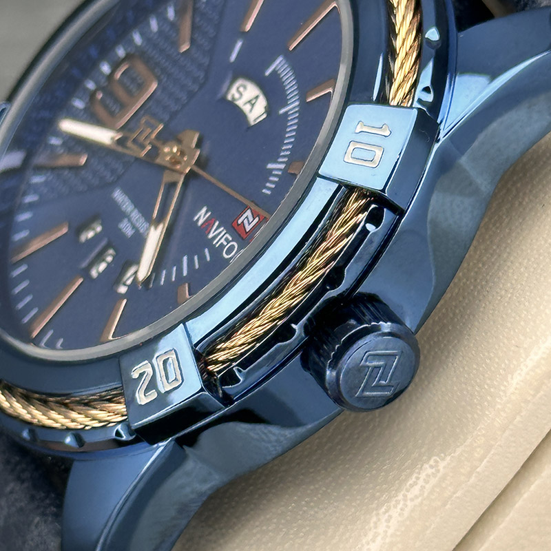 خرید قسطی| ساعت مردانه نیوی فورس دو تاریخه چرم سرمه ای اسپرت NF-9117