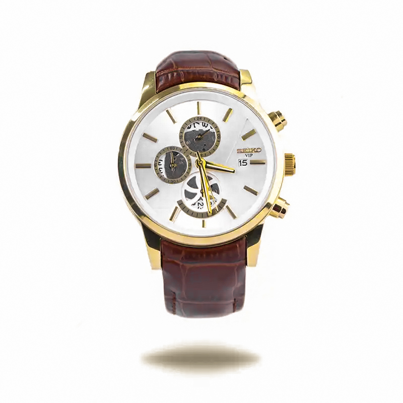 خرید قسطی| ساعت مچی مردانه سیکو  چرم قاب طلایی کرنوگراف G9232/3