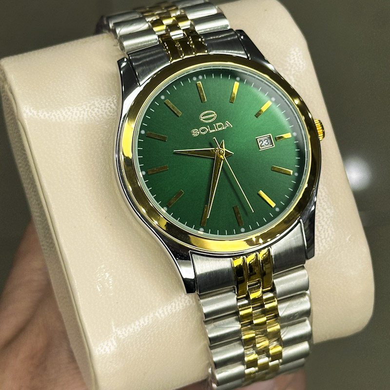 خرید قسطی | ساعت مچی  مردانه سولیدا استیل نقره ای طلایی صفحه سبز 2136