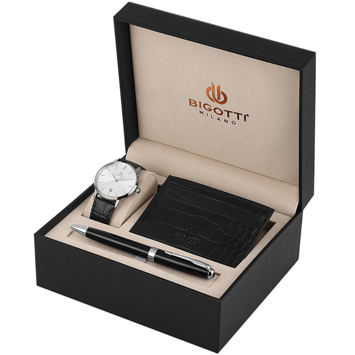 ساعت مچی مردانه بیگوتی دوال تایم بند چرم مشکی قاب نقره ای BG.1.10651/1