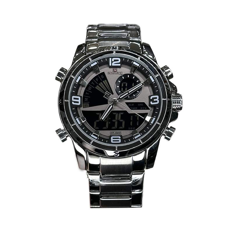 خرید قسطی| ساعت مردانه نیوی فورس دو موتوره انالوگ دیجیتال استیلنقره ای دو زمانه NF 92571