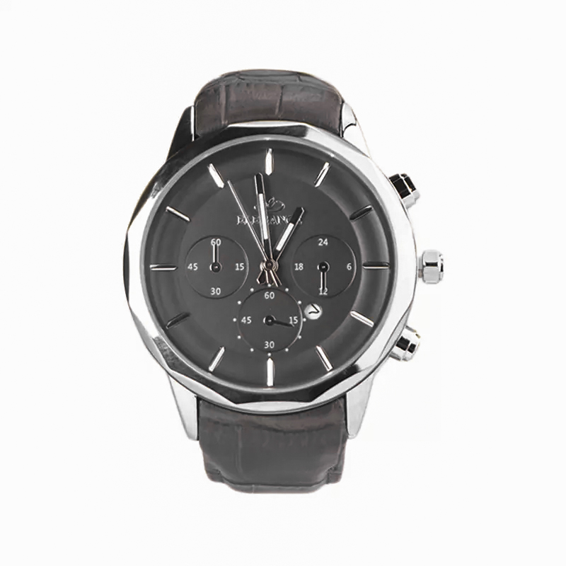 خرید قسطی | ساعت مچی مردانه الگانس طرح سه موتوره بند چرم طوسی قاب نقره ای G 1191/1