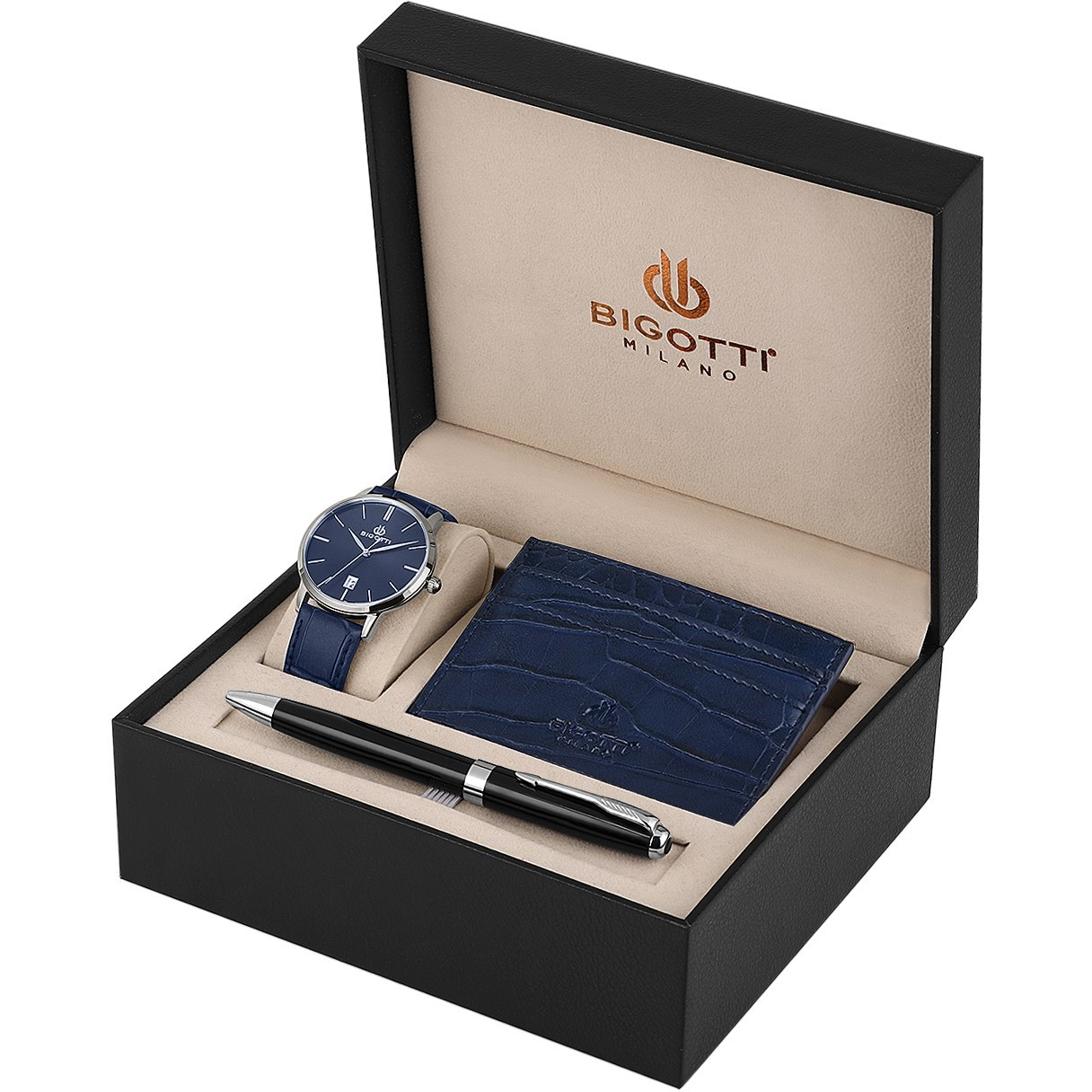 ساعت مچی مردانه بیگوتی دوال تایم مردانه بند چرم سرمه ای BG.1.10651/3