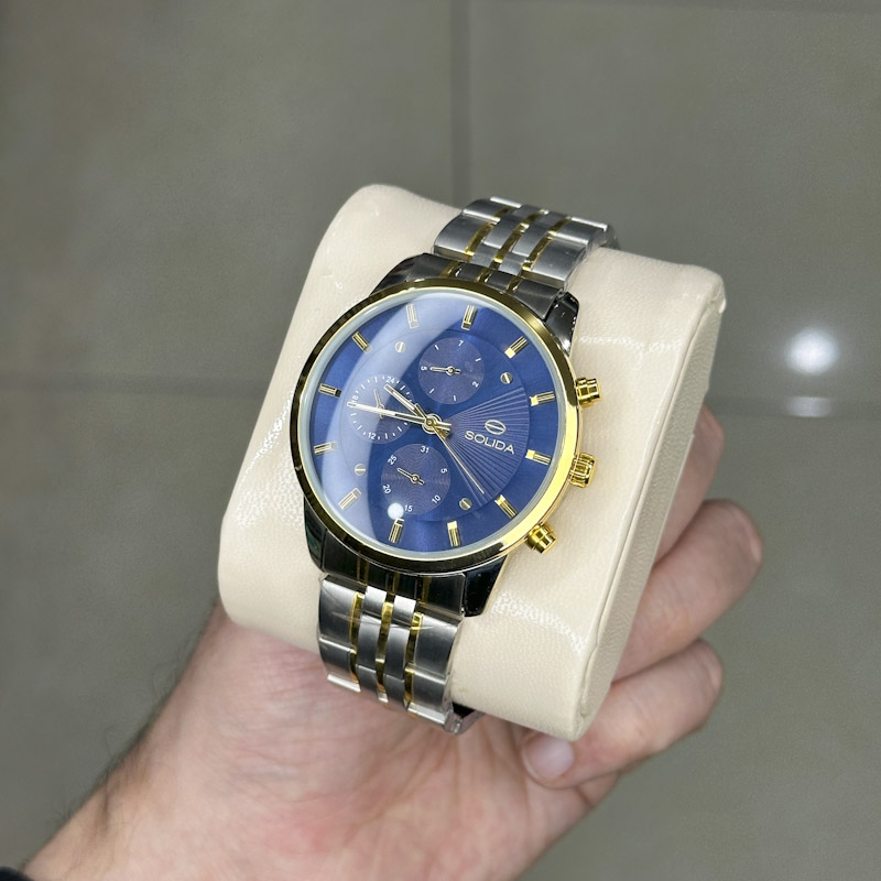 خرید قسطی | ساعت مچی  مردانه نقره ای طلایی صفحه سرمه ای G2143/3