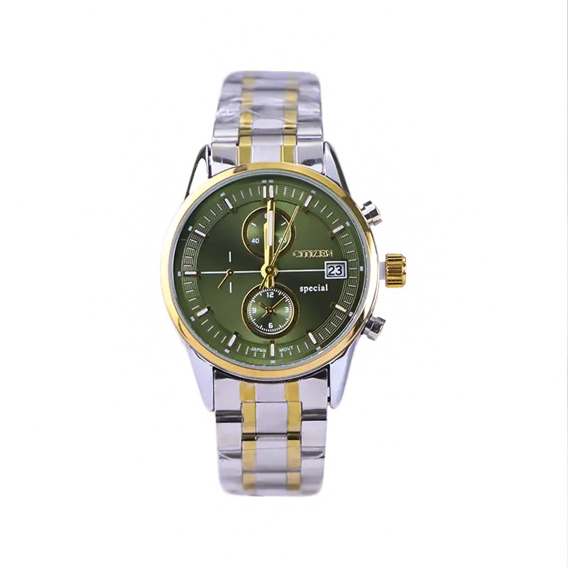 خرید قسطی | ساعت مچی زنانه سیتیزن طرح سه موتوره  نقره ای طلایی صفحه سبز L 977/1 