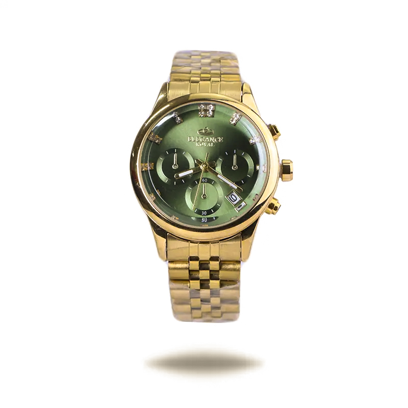 خرید قسطی | ساعت مچی زنانه الگانس طرح سه موتوره  طلایی صفحه سبز L 9766/3