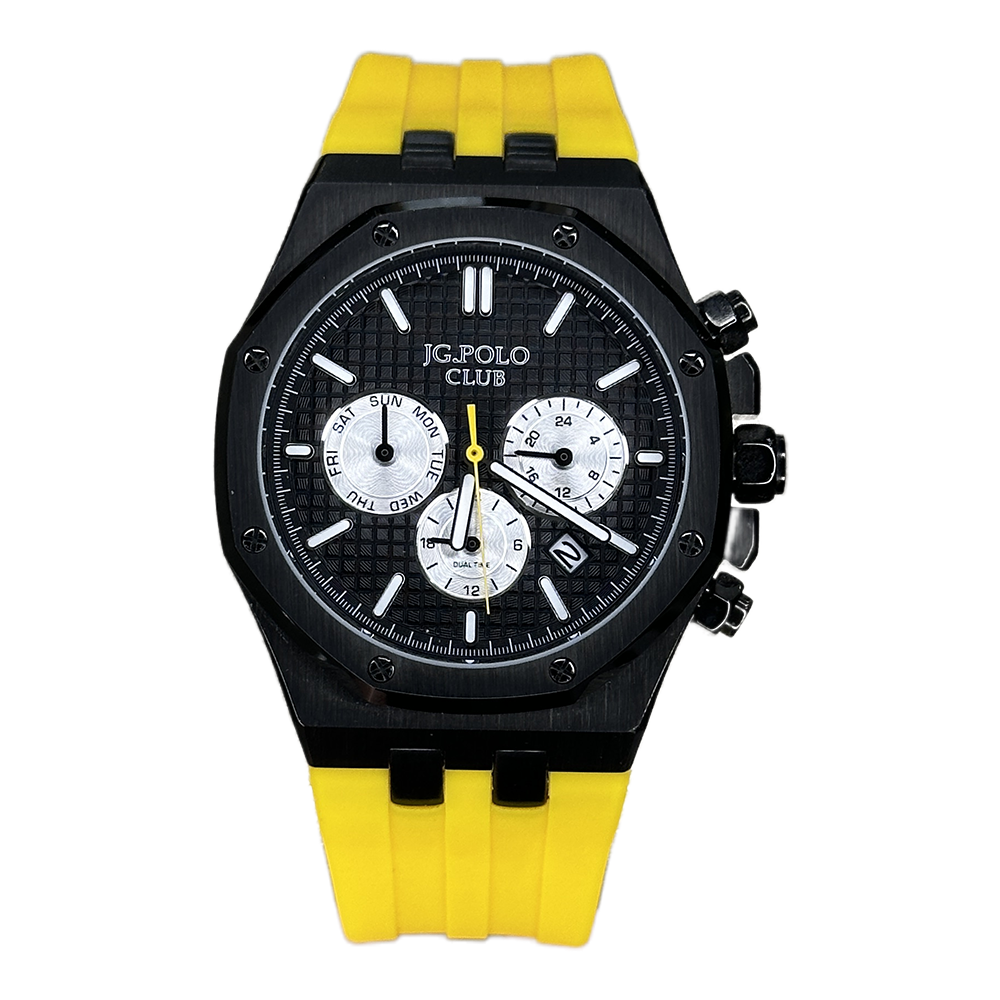 ساعت مچی مردانه بند رابر جی جی پولو کلاب دوال تایم  زرد صفحه مشکی 2900/8