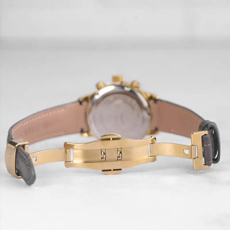 خرید قسطی | ساعت مچی زنانه الگانس طرح سه موتوره  بند چرم طوسی قاب طلایی L 1201/6