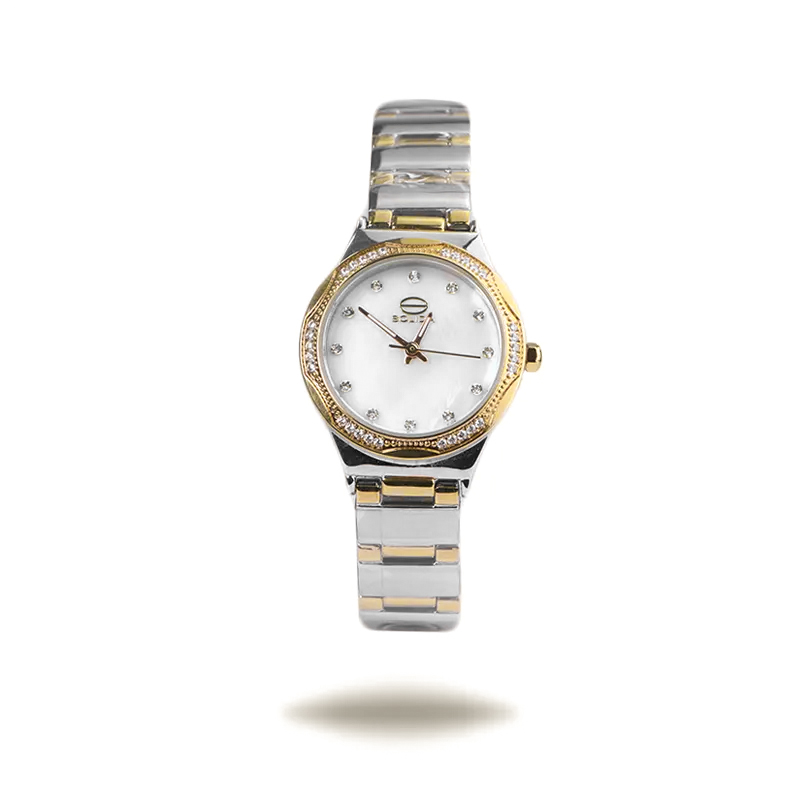 خرید قسطی | ساعت زنانه سولیدا اورجینال نقره ای طلایی قاب نگینی 5119/9