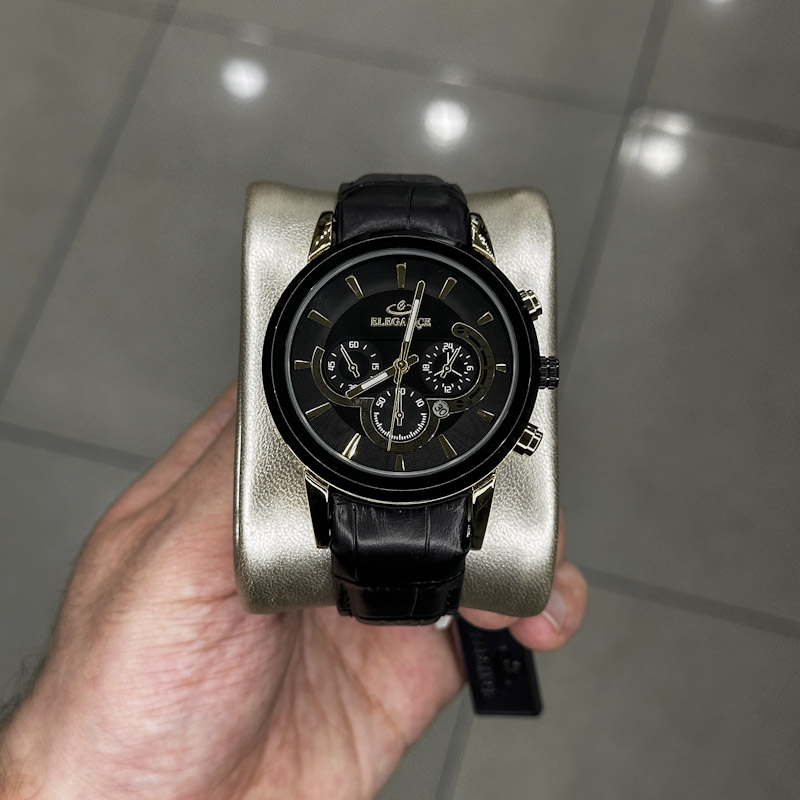 خرید قسطی | ساعت مچی مردانه الگانس طرح سه موتوره بند چرم مشکی G2911/11