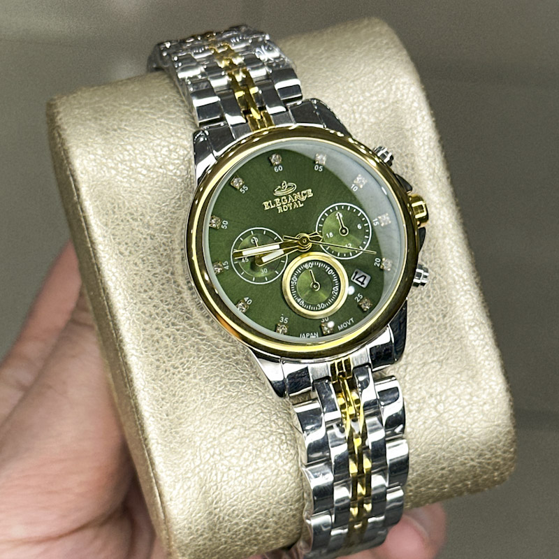 خرید قسطی | ساعت مچی زنانه الگانس  نقره ای  طلایی صفحه سبز L 9766/28