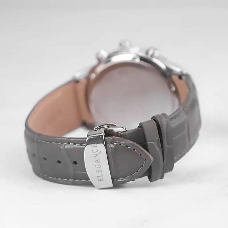 خرید قسطی | ساعت مچی مردانه الگانس طرح سه موتوره بند چرم طوسی قاب نقره ای G 1191/1