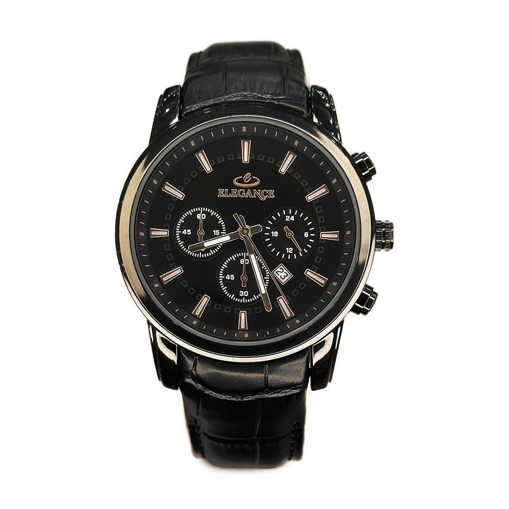 خرید قسطی | ساعت مچی مردانه الگانس طرح سه موتوره بند چرم مشکی G2911/17