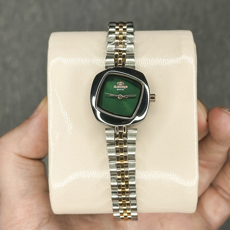 خرید قسطی | ساعت زنانه الگانس نقره ای رزگلد صفحه سبز  قاب مربع  ER 2200/11