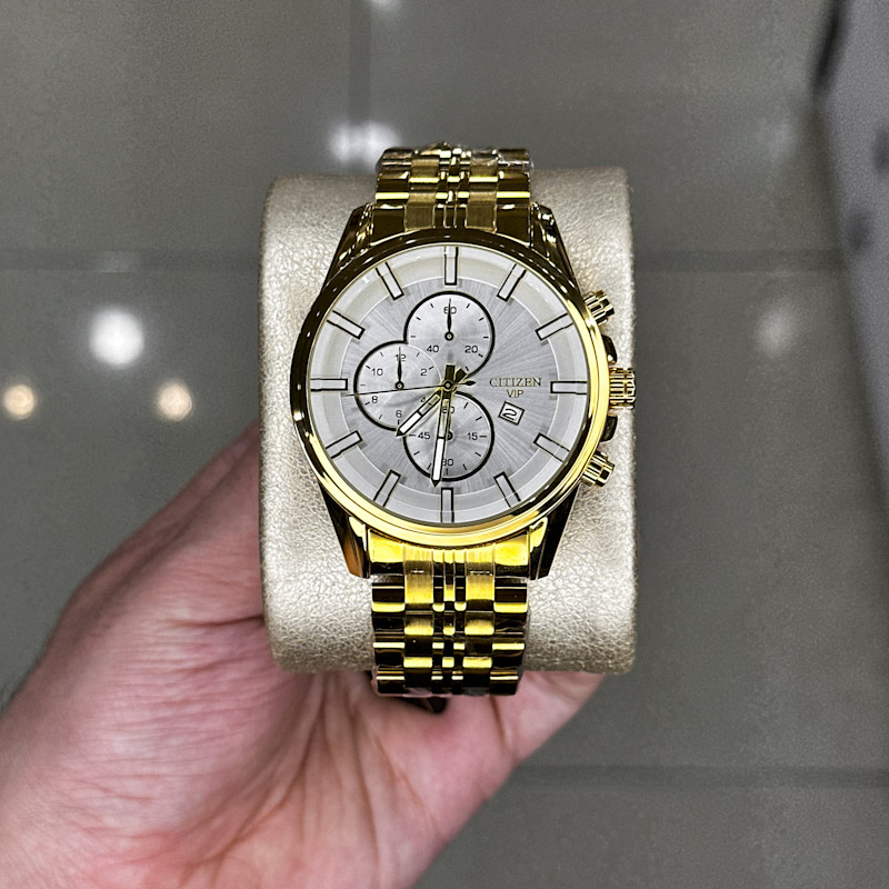خرید قسطی | ساعت مچی مردانه سیتیزن طرح سه موتوره طلایی صفحه سفید G 2363/35