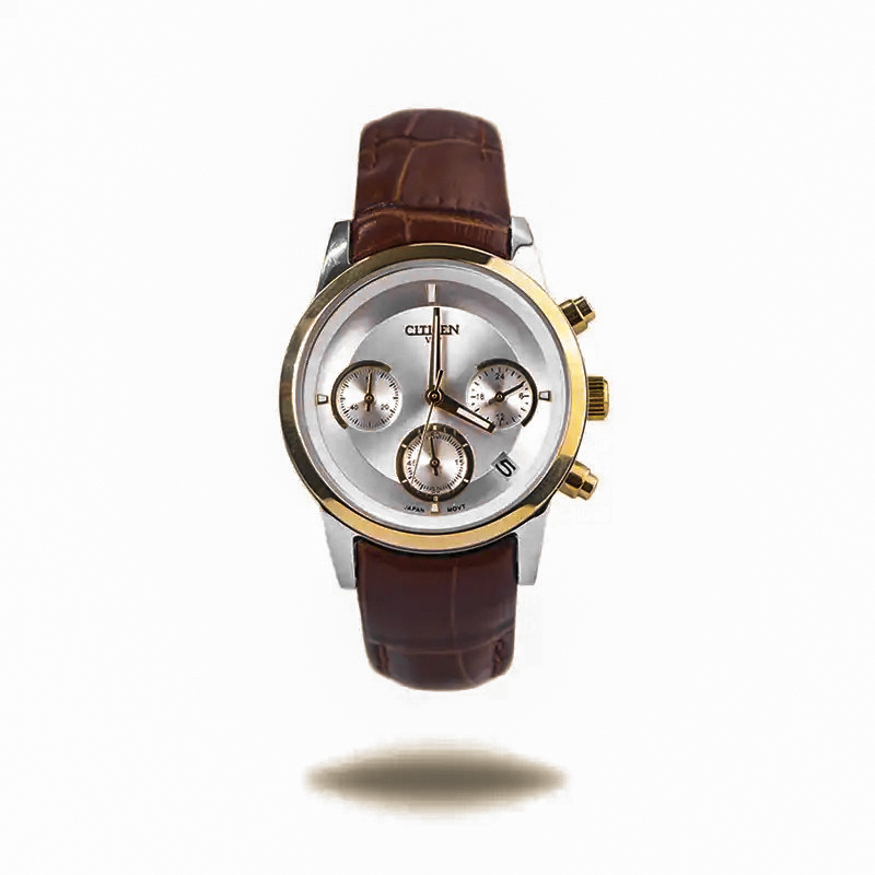 خرید قسطی | ساعت مچی زنانه سیتیزن چرم سه موتور فعال قاب رزگلد کرنوگراف L8111/7