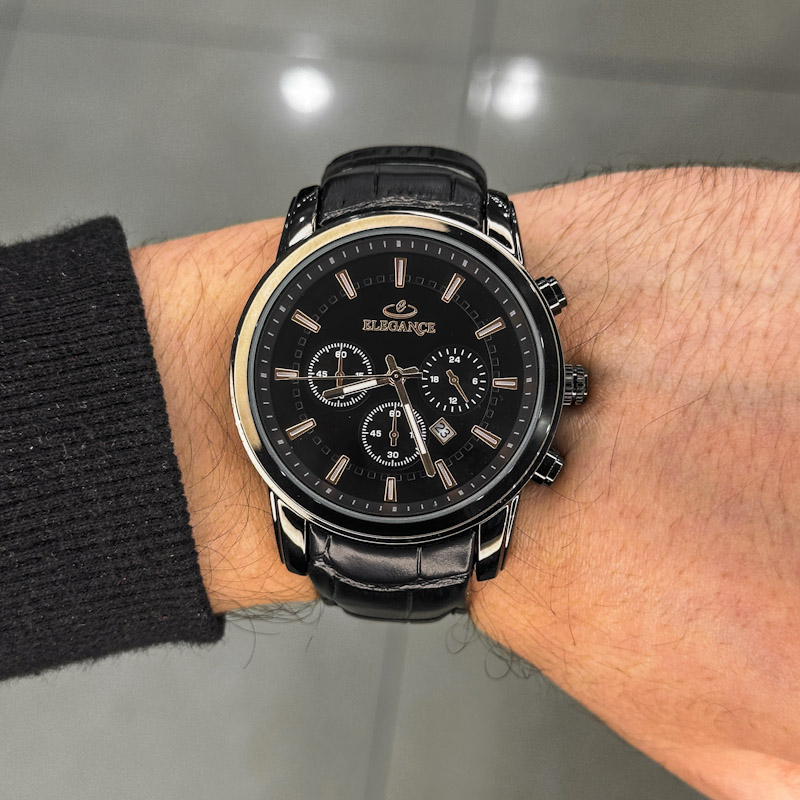 خرید قسطی | ساعت مچی مردانه الگانس طرح سه موتوره بند چرم مشکی G2911/17