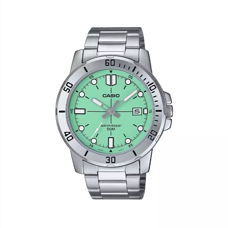 خرید قسطی|ساعت مچی کاسیو مردانه فلزی نقره ای صفحه سبز MTP-VD01D-3E1V