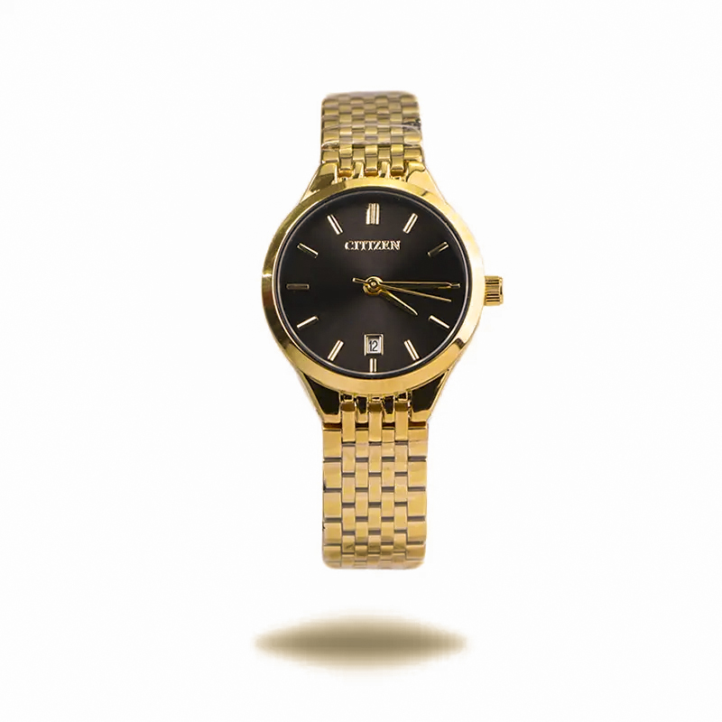 خرید قسطی | ساعت مچی زنانه سیتیزن طرح سه موتوره  طلایی صفحه مشکی 3325/9