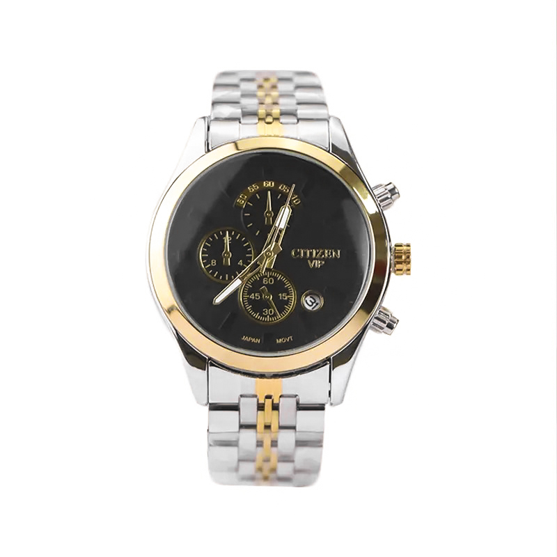 خرید قسطی | ساعت مچی زنانه سیتیزن طرح سه موتوره  نقره ای طلایی صفحه مشکی L 2363/26