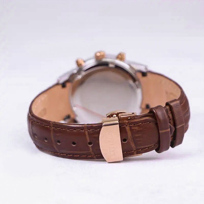 خرید قسطی | ساعت مچی زنانه سیتیزن چرم سه موتور فعال قاب رزگلد کرنوگراف L8111/7